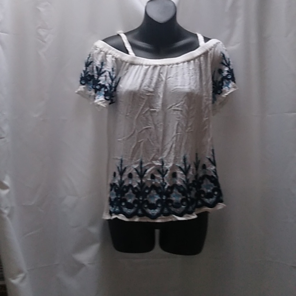 I.N.C international concepts white off the shoulder shirt with designs